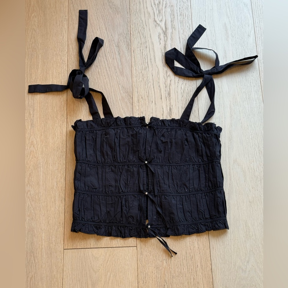 ZARA BNWT Black Ruched Tie Strap Crop Top | Romantic Bow Front Bustier Cami S - Picture 4 of 5